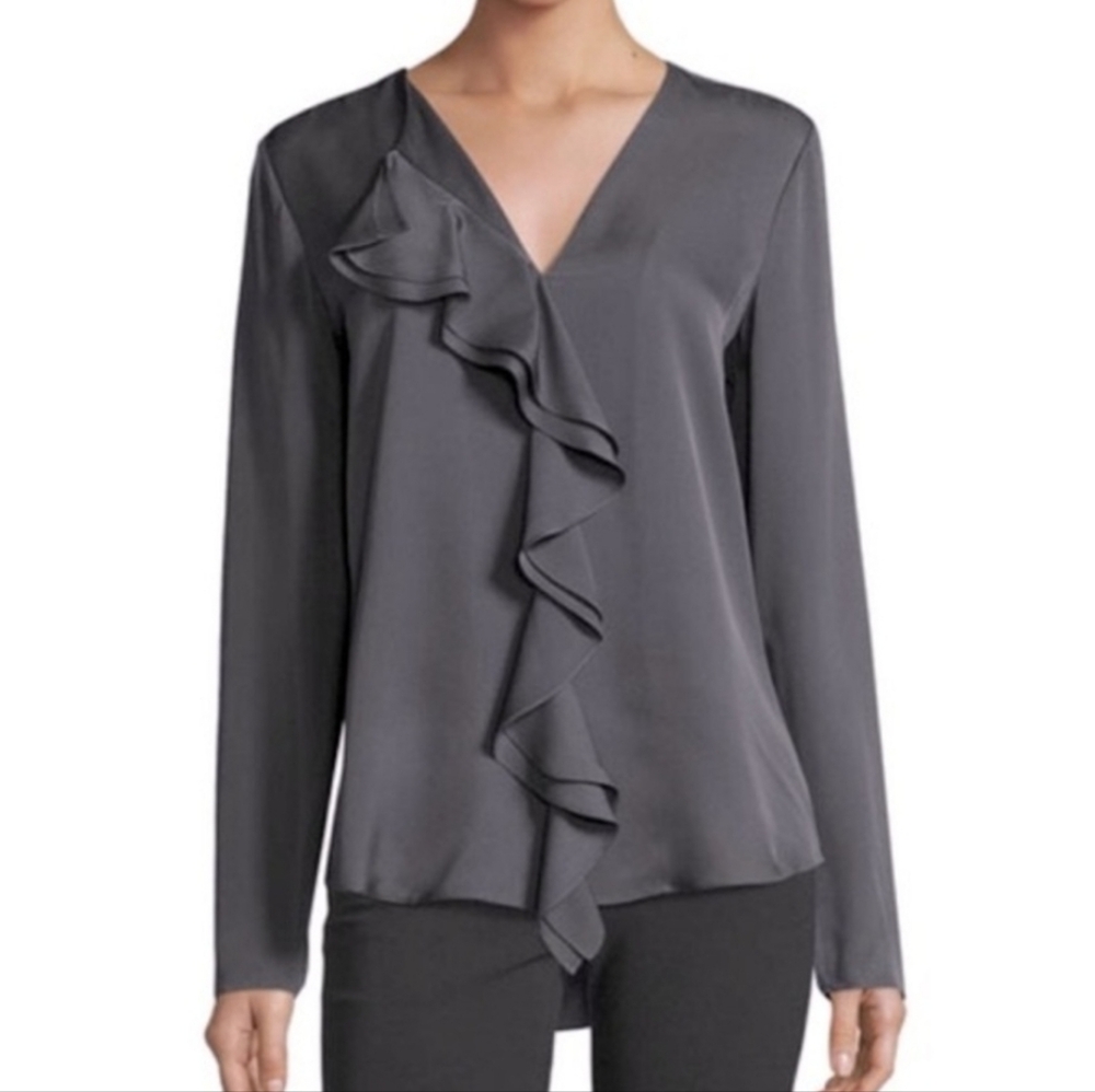 Theory Jastrid 100% Silk Ruffle Front Long Sleeves Blouse‎ Small Oversized Gray
